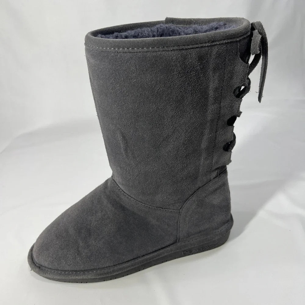 Bearpaw Youth 5 Gray Suede Shearling Lace Back Winter Boots Warm Lined Cozy‎